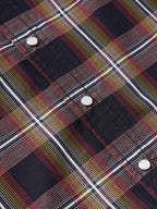 Cotton snap shirt chest pocket and placket, dark plaid with snap buttons