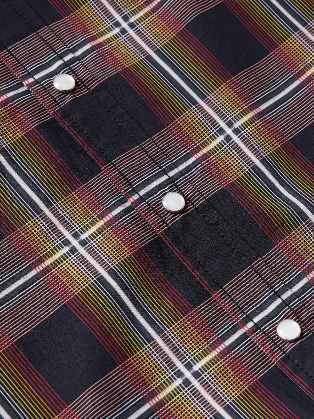 Cotton snap shirt chest pocket and placket, dark plaid with snap buttons