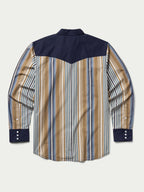 Cotton snap shirt, navy yoke and collar, blue and tan vertical stripe back panel