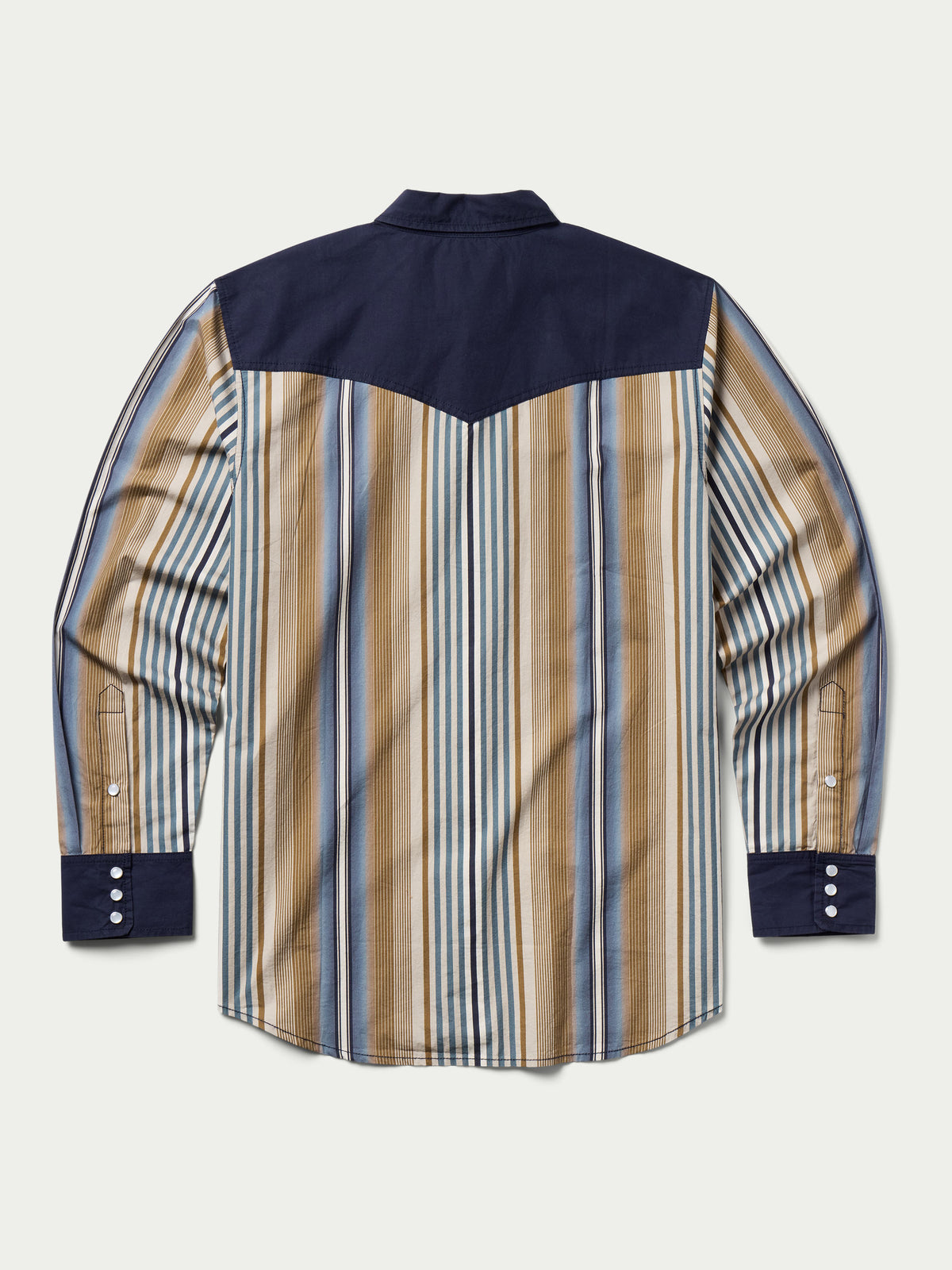 Cotton snap shirt, navy yoke and collar, blue and tan vertical stripe back panel