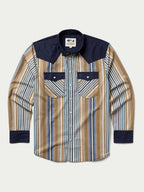 Cotton snap shirt front view, navy yoke, chest pockets, blue and tan vertical stripes