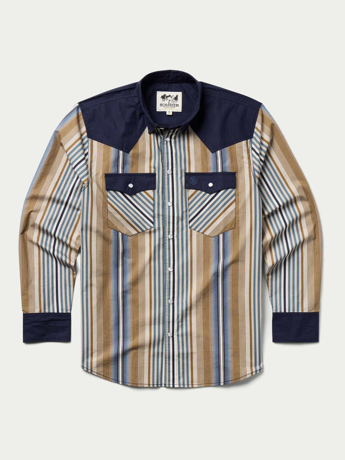 Cotton snap shirt front view, navy yoke, chest pockets, blue and tan vertical stripes