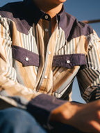 Cotton snap shirt close-up, navy yoke and cuffs with blue/tan vertical stripes