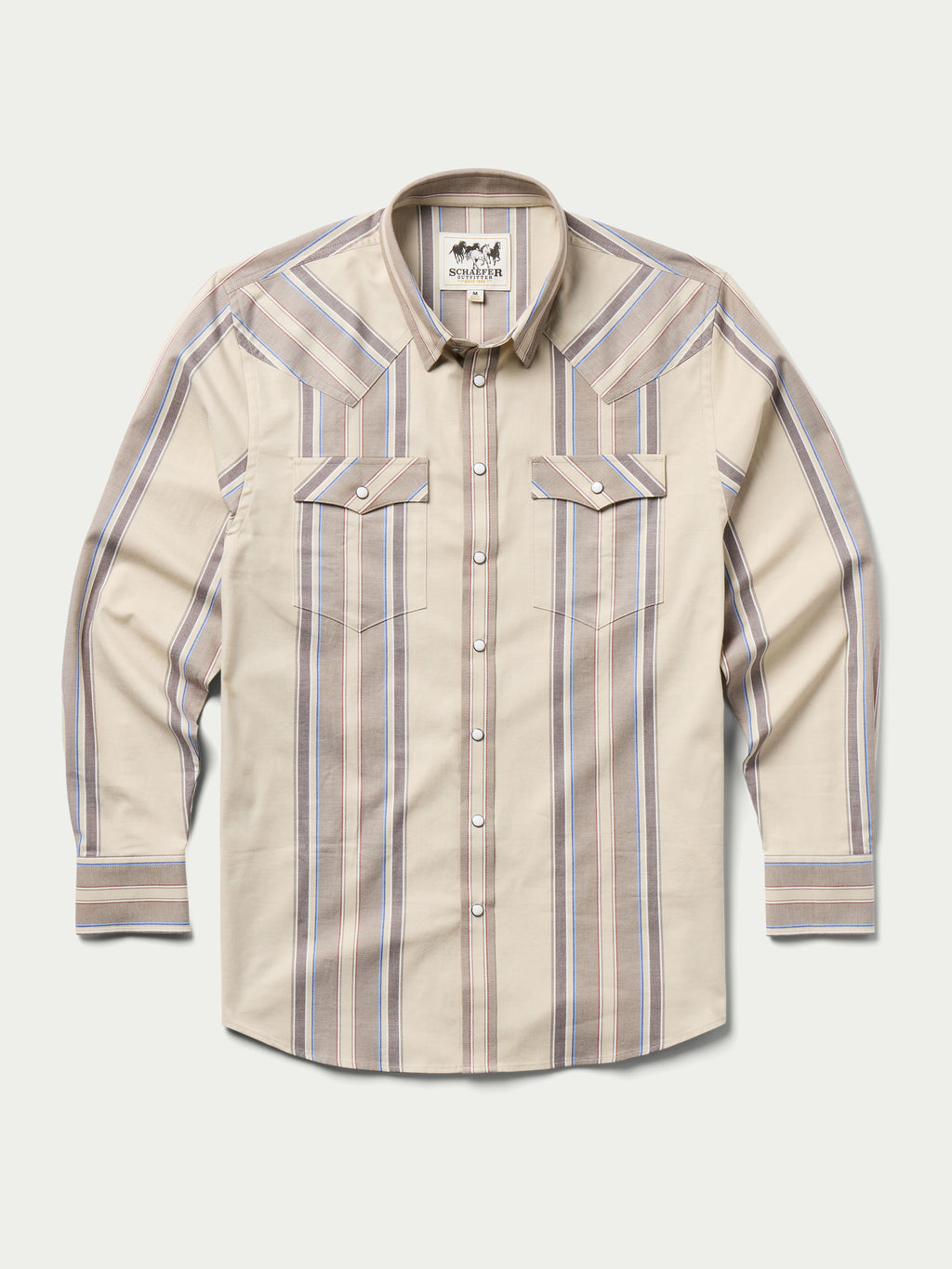 Western snap shirt in tan with blue and red vertical stripes, front view