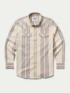 Western snap shirt in tan with blue and red vertical stripes, front view