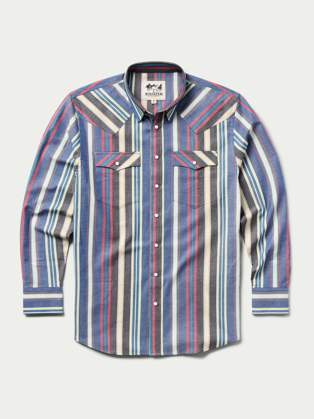 Western snap shirt front view, multicolor vertical stripe, two chest flap pockets, long sleeves
