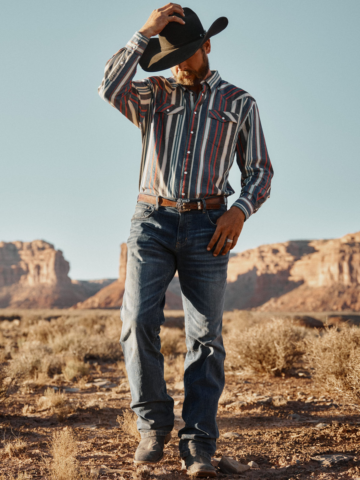 Western stretch snap shirt, multicolor vertical stripes and snap chest placket