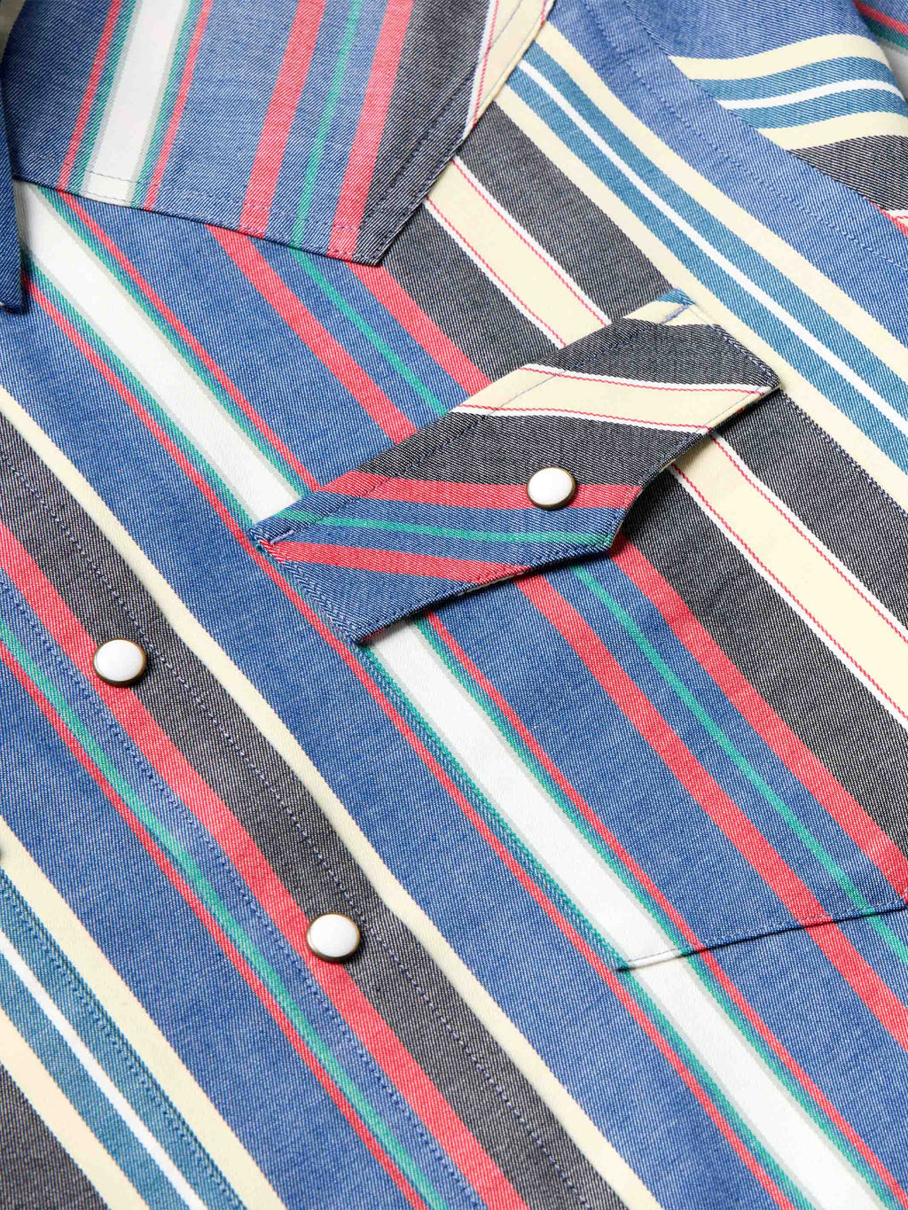 Western snap shirt placket and chest yoke detail with striped fabric and metal snaps