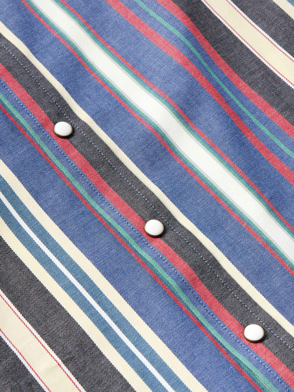 Western snap shirt sleeve detail: dark base with multicolor vertical stripe and snap buttons