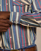 Western stretch snap shirt sleeve close-up with snap buttons and striped yoke