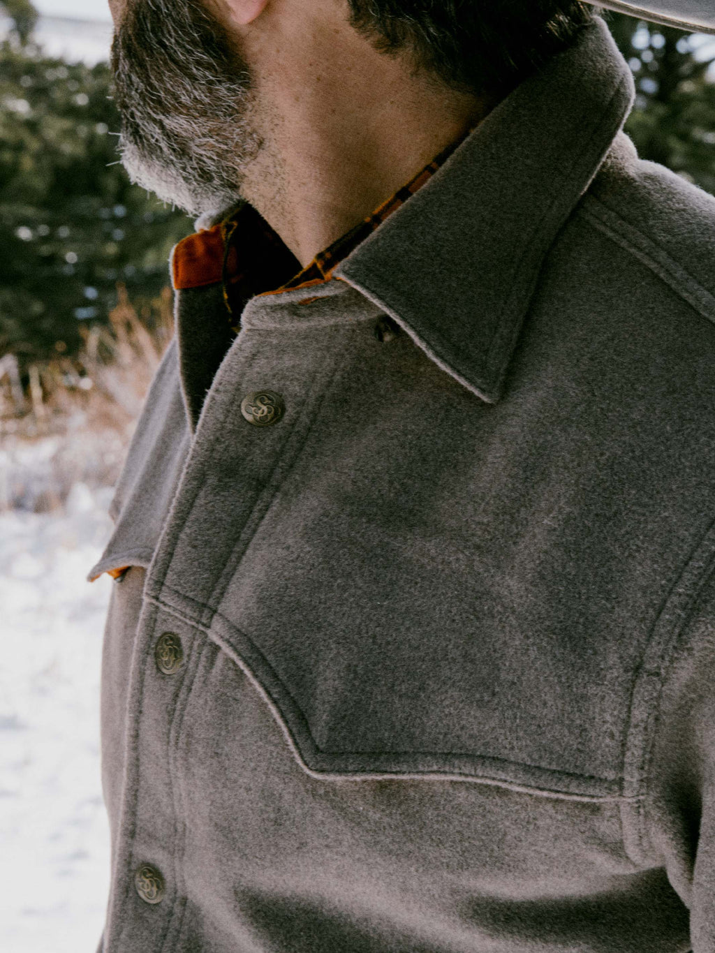 Taupe wool overshirt close-up of collar, buttons, and chest pocket
