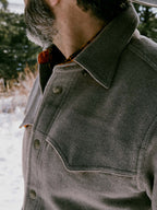 Taupe wool overshirt close-up of collar, buttons, and chest pocket