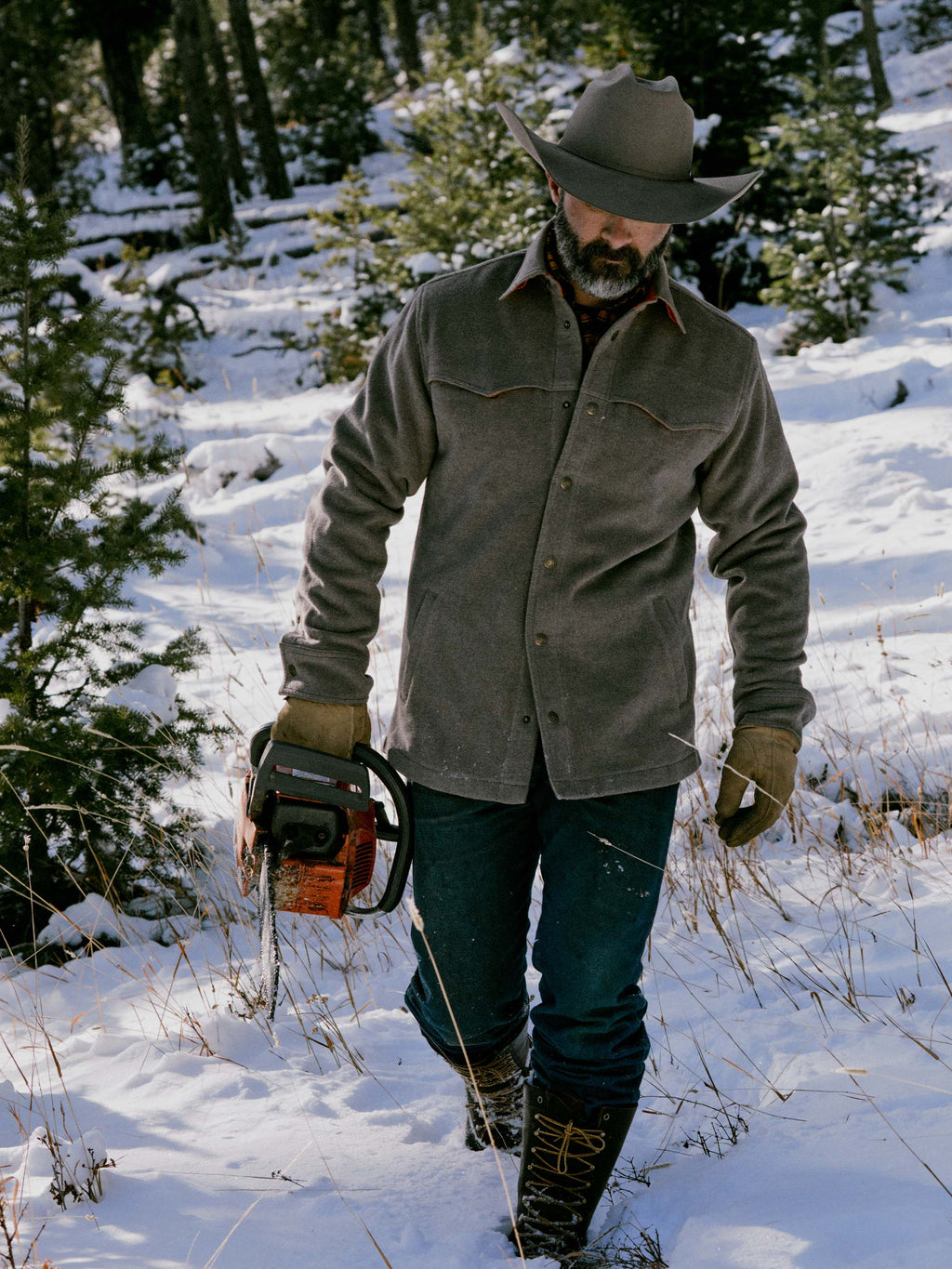 Taupe wool overshirt worn outdoors, button front and chest pocket