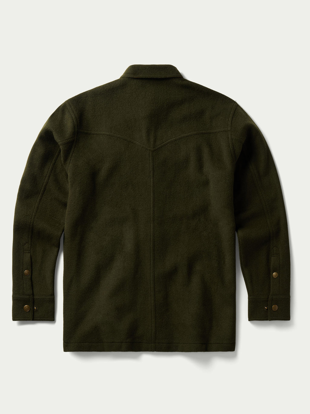 Olive wool overshirt back view with standing collar and buttoned cuffs.