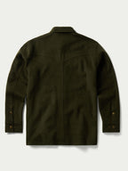 Olive wool overshirt back view with standing collar and buttoned cuffs.