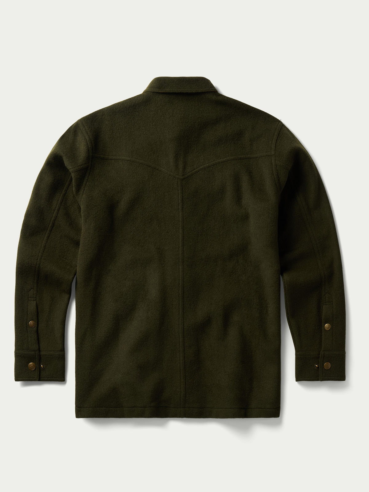 Olive wool overshirt back view with standing collar and buttoned cuffs.
