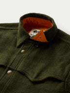 Olive wool overshirt with button placket and orange-lined collar