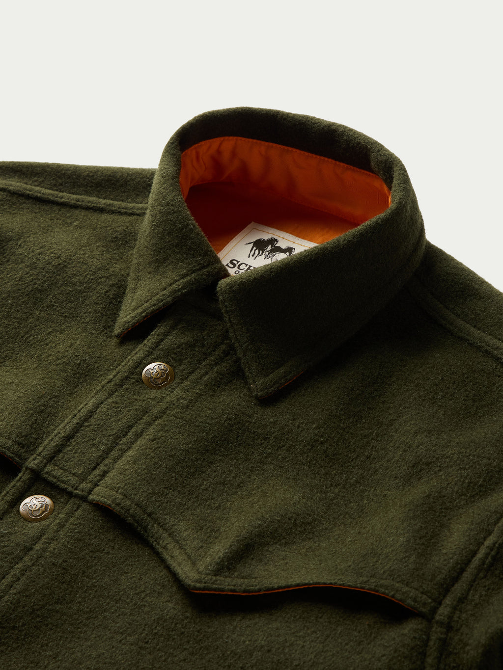 Olive wool overshirt, button-up collar with orange inner lining