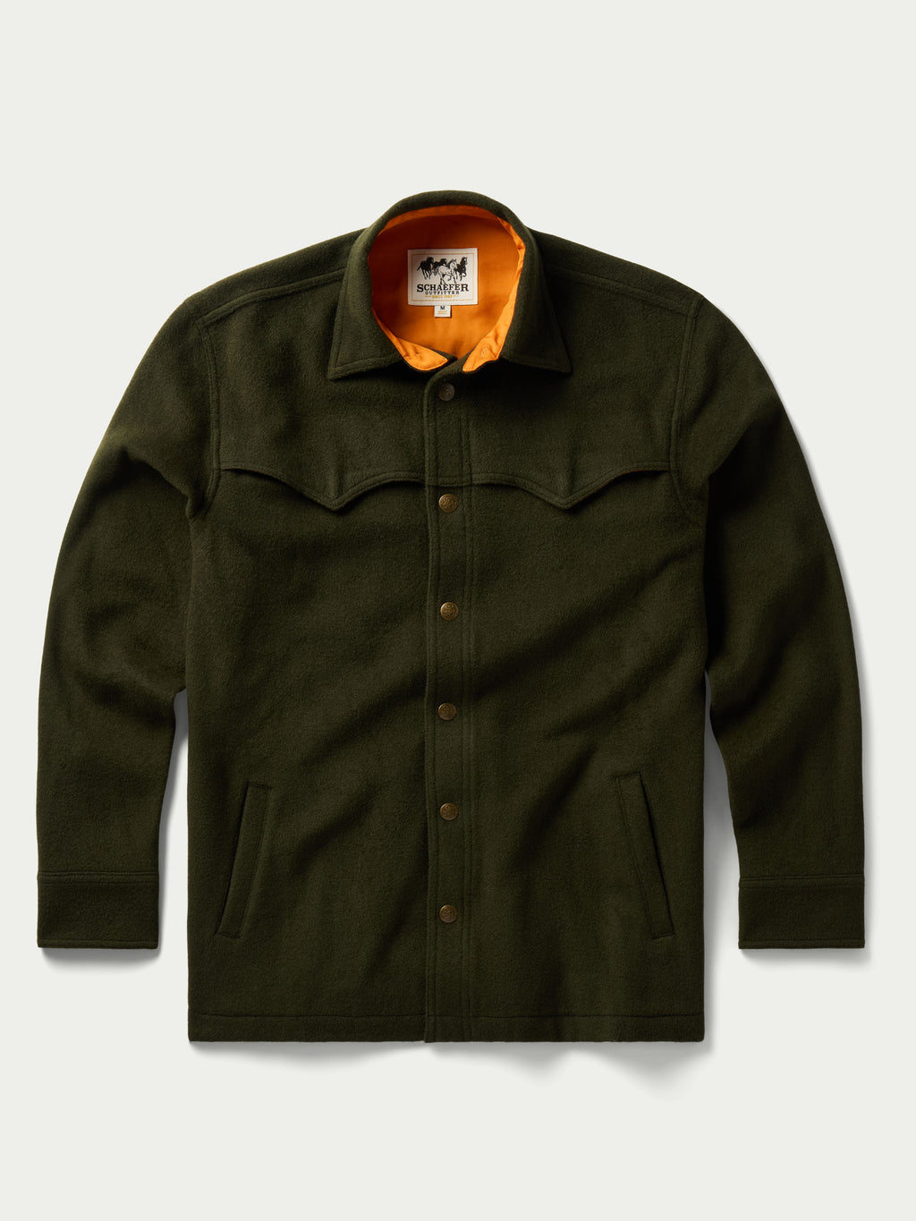 Olive wool overshirt front view with button front and flap pockets.