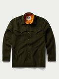 Olive wool overshirt front view with button front and flap pockets.