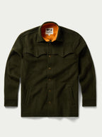 Olive wool overshirt front view with button front and flap pockets.