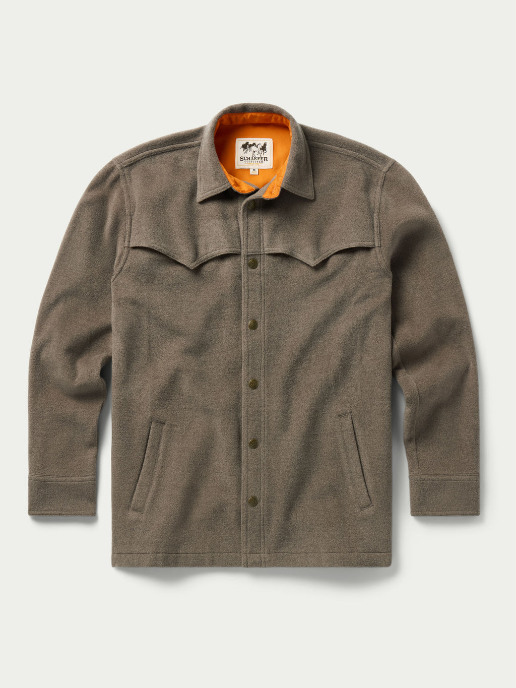 Taupe wool overshirt front view with button closure and chest pocket
