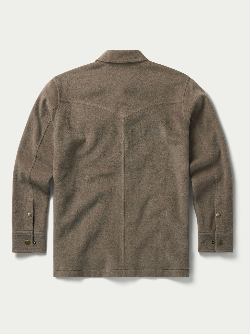 Taupe wool overshirt back view with button placket and long sleeves