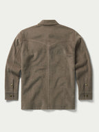 Taupe wool overshirt back view with button placket and long sleeves