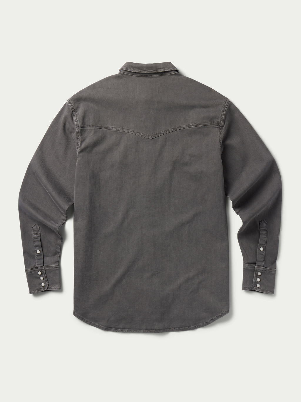 Men's western denim snap shirt in dark carbon gray, long sleeves, back view.