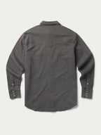 Men's western denim snap shirt in dark carbon gray, long sleeves, back view.