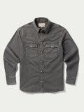Men's western denim snap shirt front view with two chest flap pockets and snap buttons.