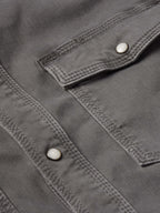 Men's western denim snap shirt front placket and pocket flap with snap buttons.