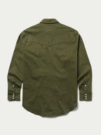 Dark olive western snap denim shirt, back view with snap button placket