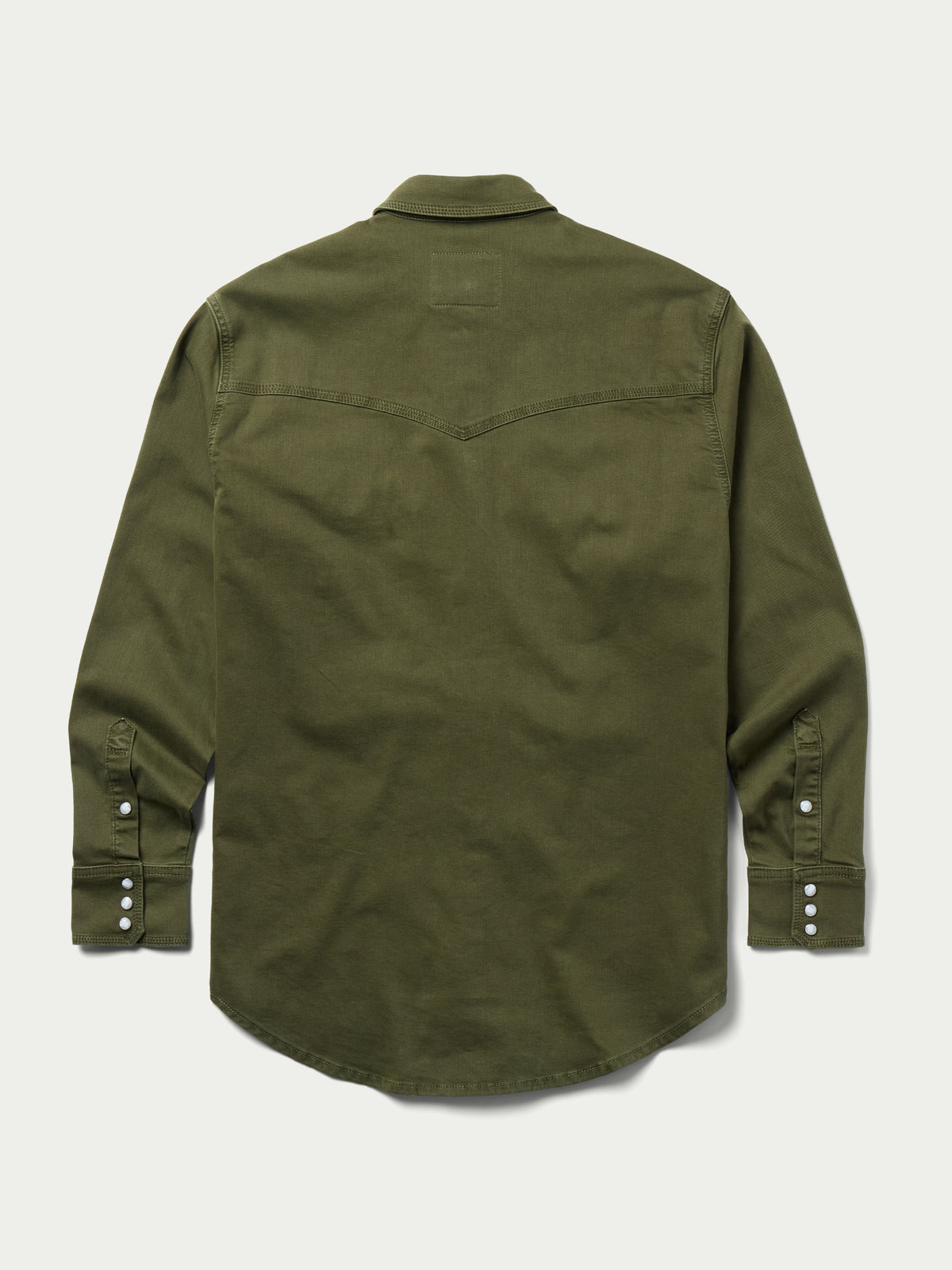 Dark olive western snap denim shirt, back view with snap button placket