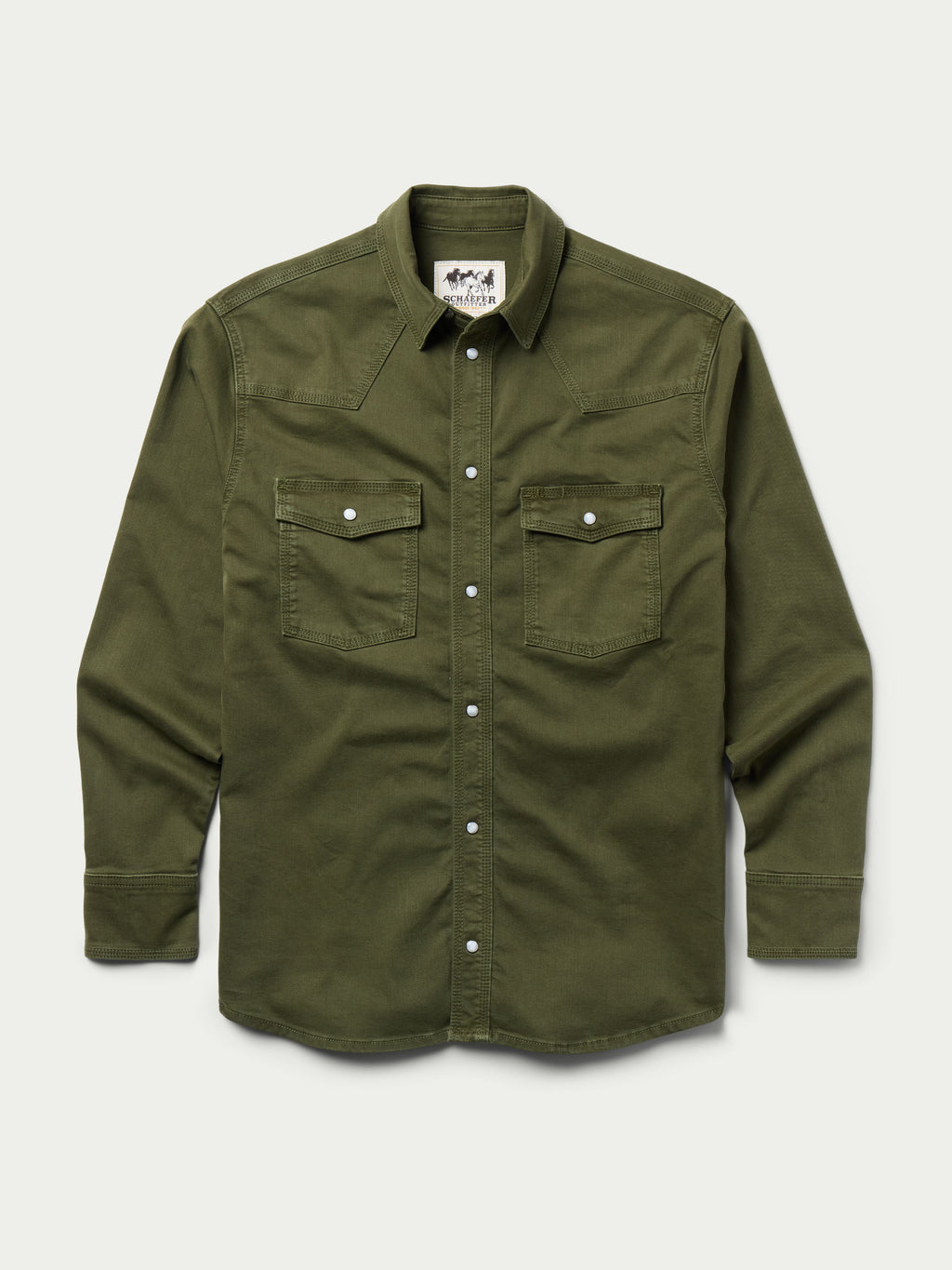 Dark olive western snap denim shirt with chest flap pockets and button front