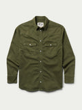Dark olive western snap denim shirt with chest flap pockets and button front