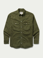 Dark olive western snap denim shirt with chest flap pockets and button front