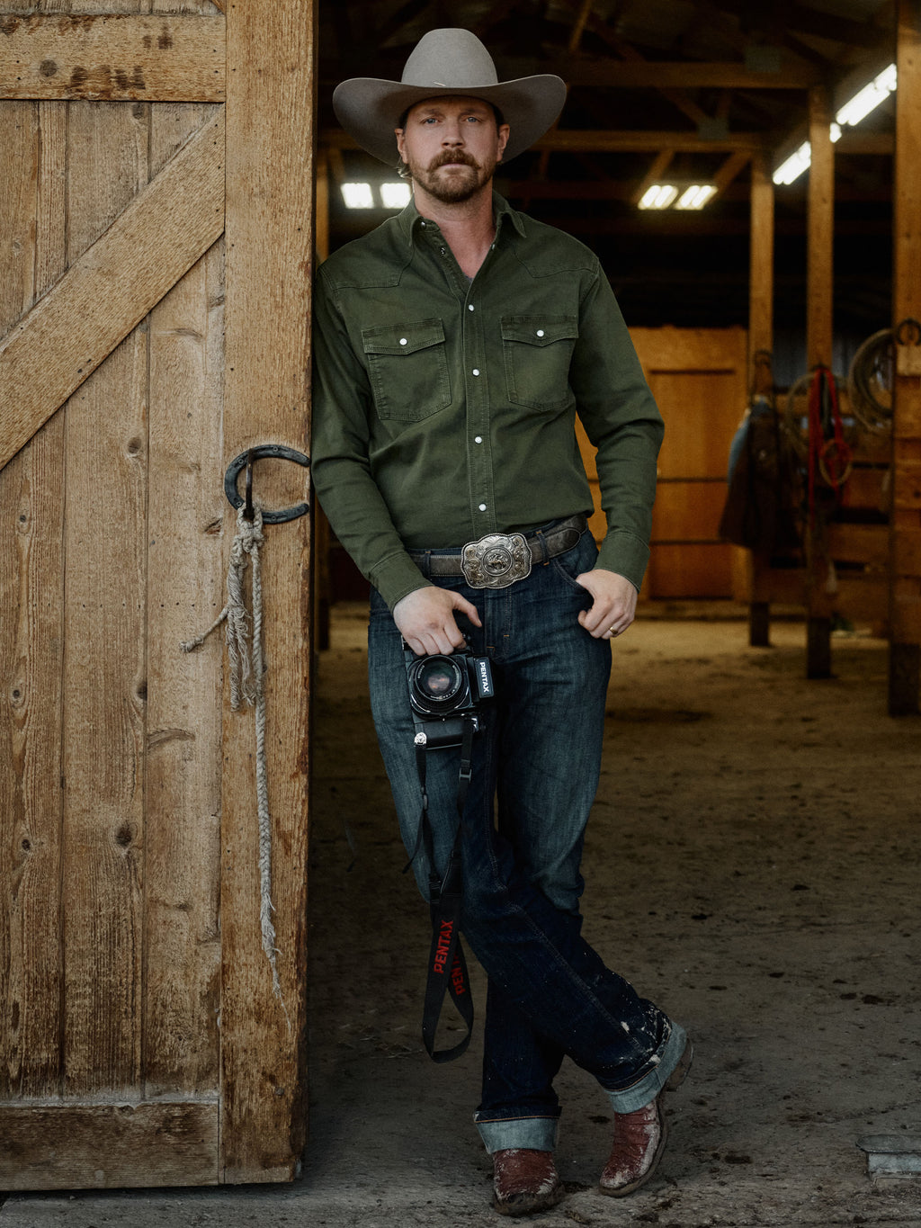 Western denim snap shirt in dark olive with snap front and two chest pockets