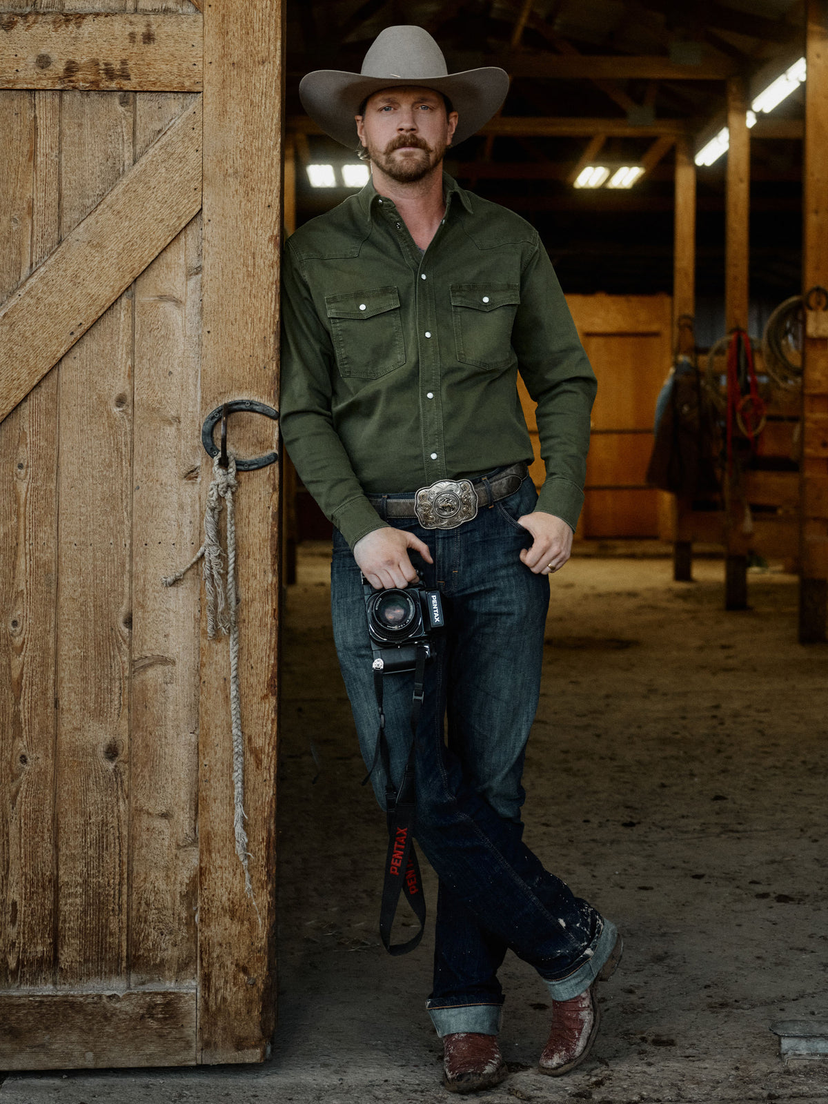Western denim snap shirt in dark olive with snap front and two chest pockets