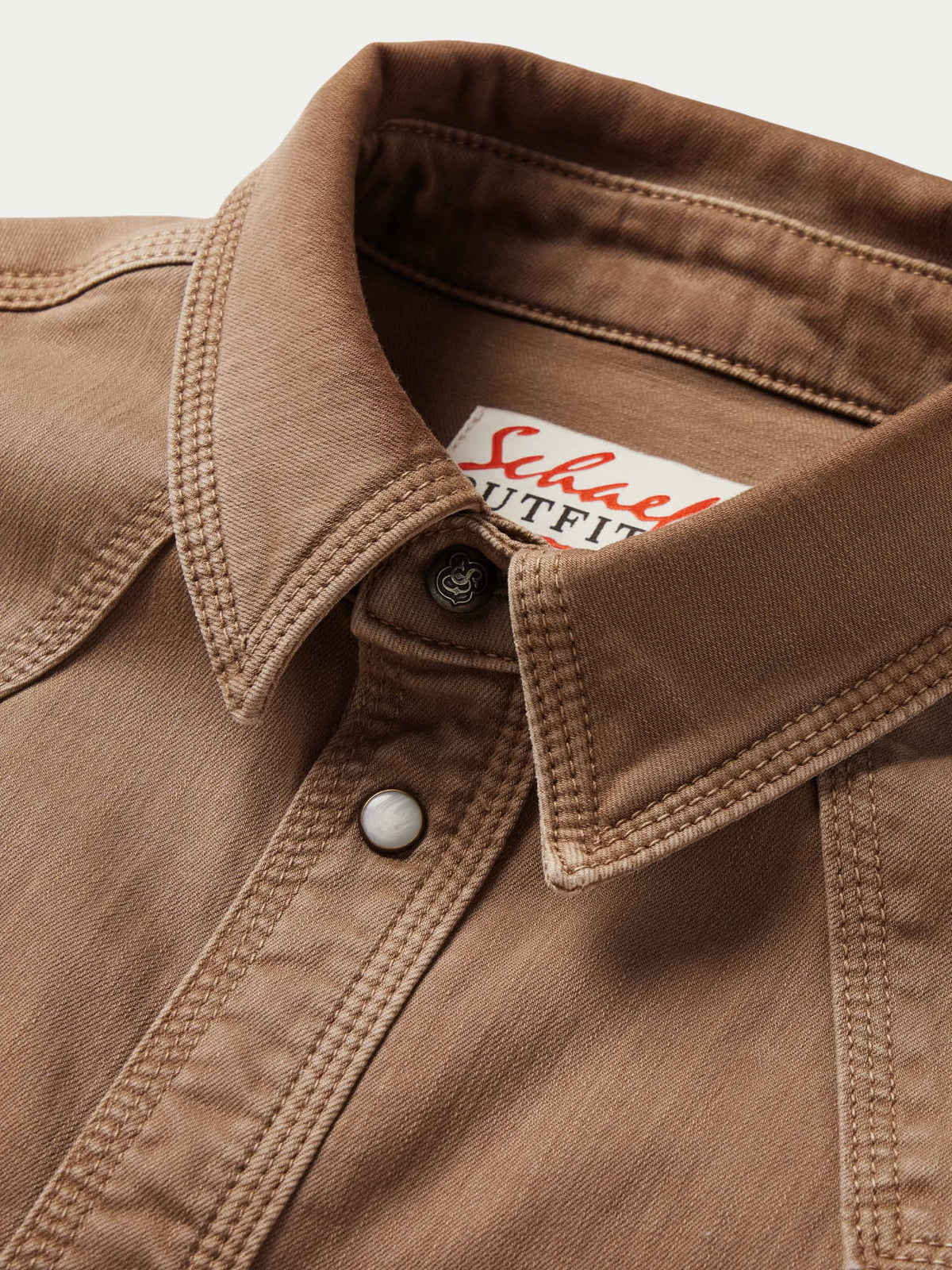 Khaki denim snap shirt collar with snap placket and logo label