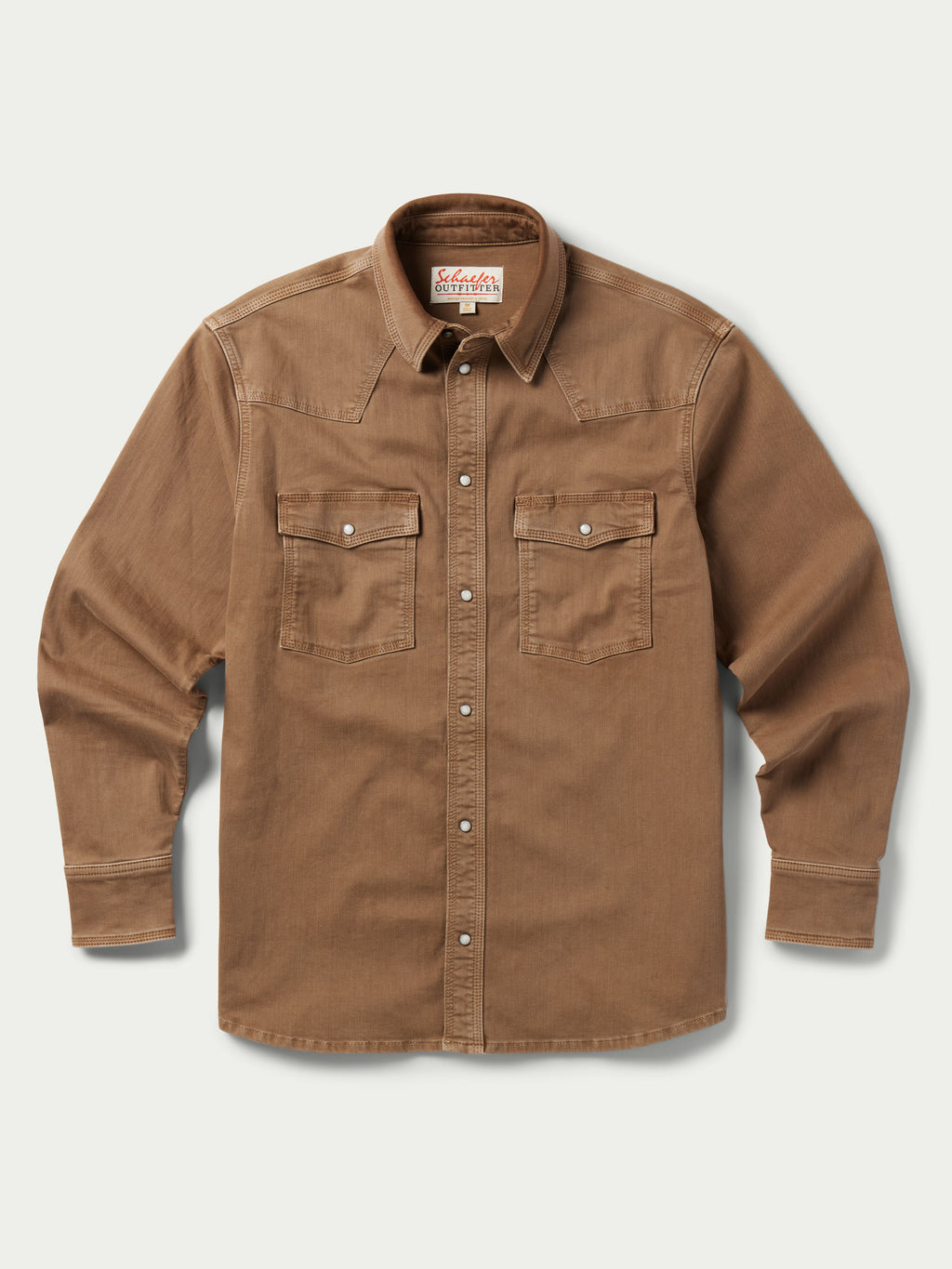 Khaki denim snap western shirt with two chest pockets, long sleeves