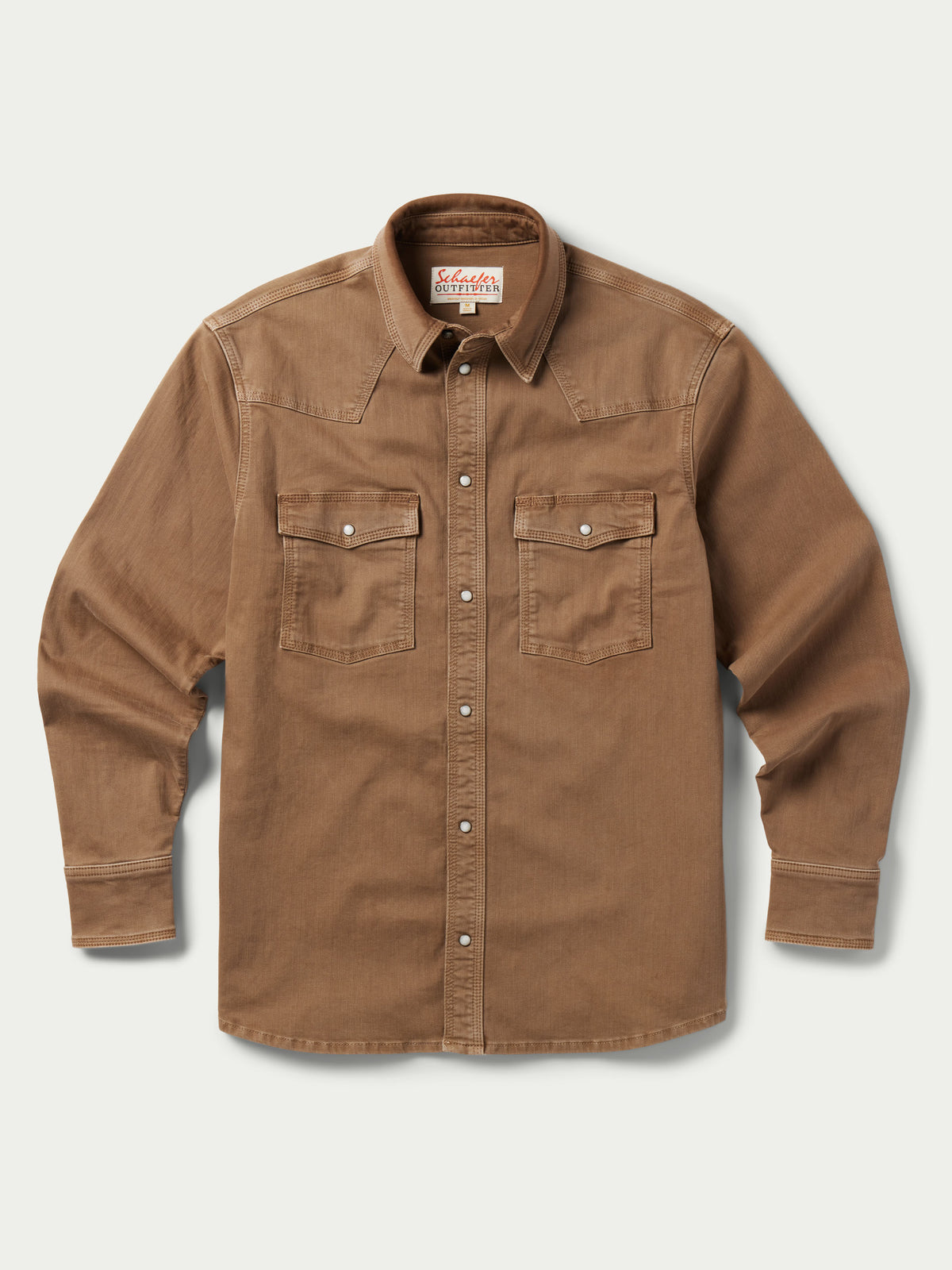 Khaki denim snap western shirt with two chest pockets, long sleeves