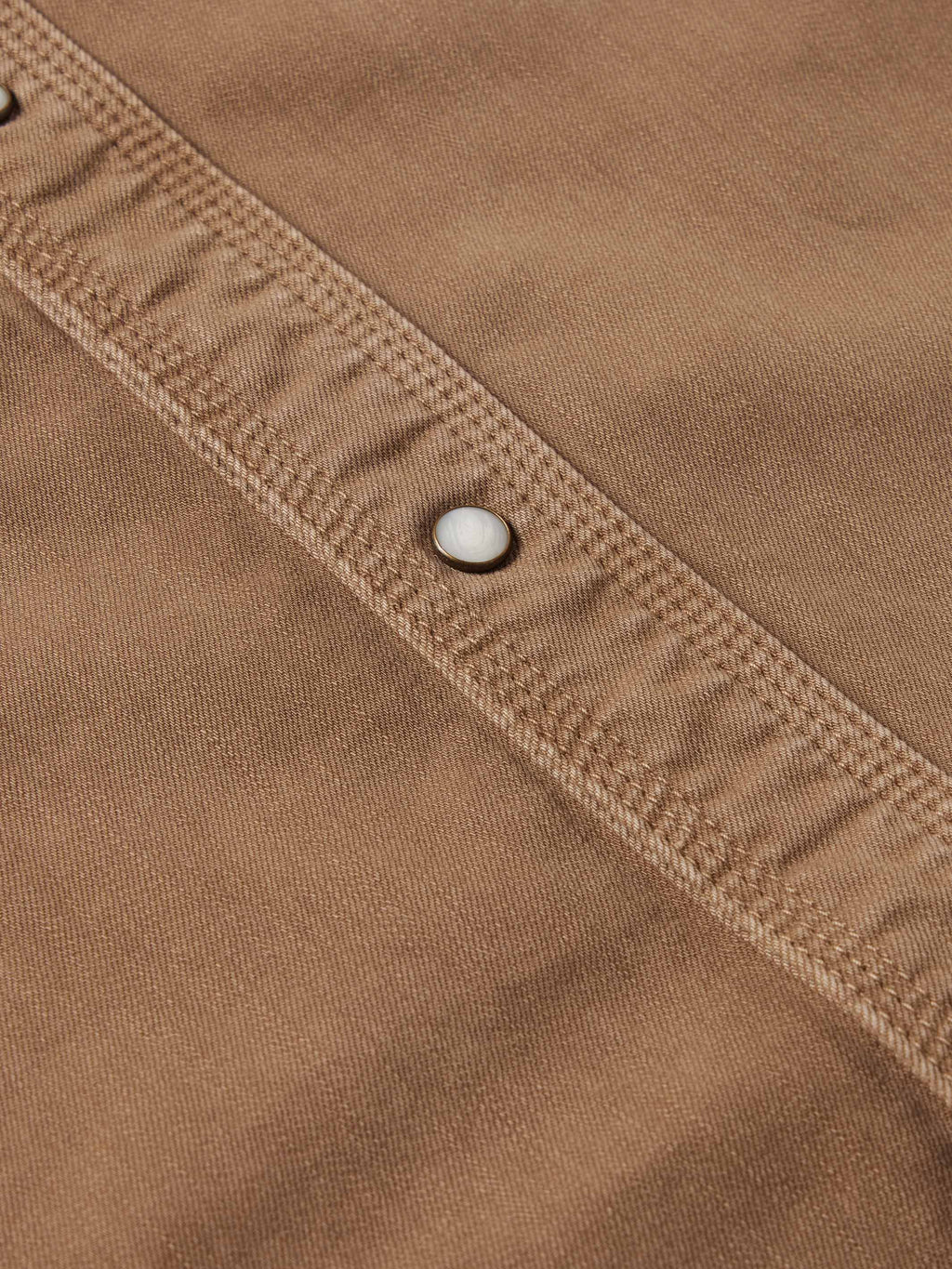 Khaki denim snap shirt seam detail with round snap button