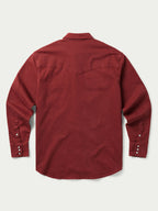 Rust Western denim snap shirt back view with buttoned yoke and long sleeves