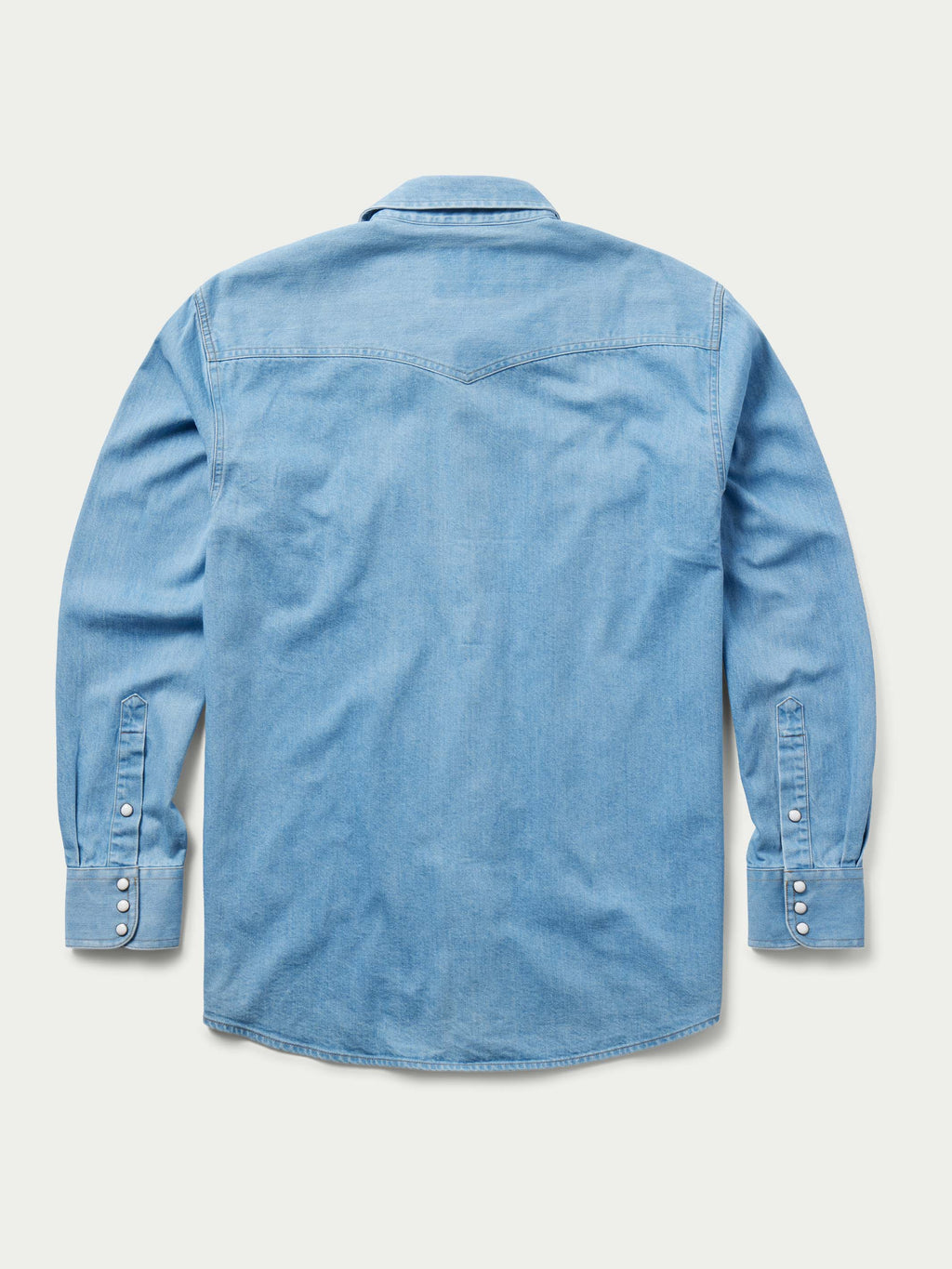Light-wash denim snap shirt, long-sleeve with button snaps and western yoke, back view
