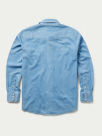 Light-wash denim snap shirt, long-sleeve with button snaps and western yoke, back view