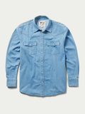 Light-wash denim snap shirt front view, long sleeves with two chest snap pockets