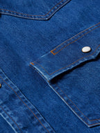 Dark indigo denim snap shirt with yoke seam and snap button detail
