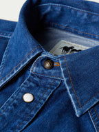 Dark indigo denim snap shirt collar with snap tab and chest button
