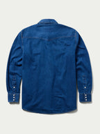 Dark indigo denim snap shirt, back view